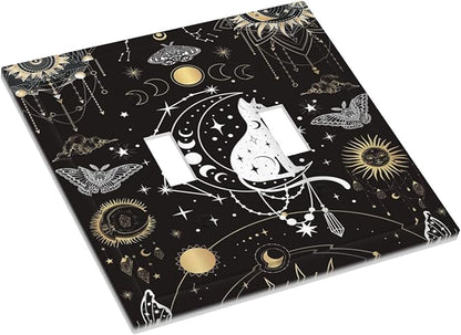 White Cat Tarot Moon Phases Moth Celestial Gothic Decorative Switch Plates 2 Gang Double Toggle Outlet Light Switch Cover Wall Plate Electrical Faceplate for Kids Room Bedroom Decor