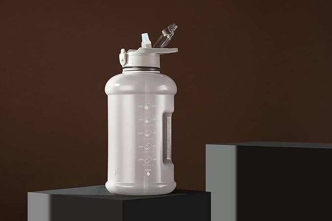 H2O Capsule INSPO Half Gallon Water Bottle with Time Marker and Straw Motivational Hydration Tracker Jug Big BPA-Free Food-Safe Leakproof Drinking Bottle Handle & Strap, Ash Gray