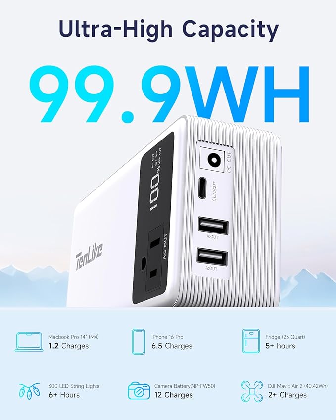 Power Bank with AC Outlet 99.9Wh Portable Power Stationr Camping Essentials Small Electric Generator Large Lithium Battery with 110V 80W Rated 120W Peak AC Plug in Output 60W Type-C Outdoor Emergency