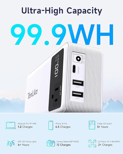 Power Bank with AC Outlet 99.9Wh Portable Power Stationr Camping Essentials Small Electric Generator Large Lithium Battery with 110V 80W Rated 120W Peak AC Plug in Output 60W Type-C Outdoor Emergency
