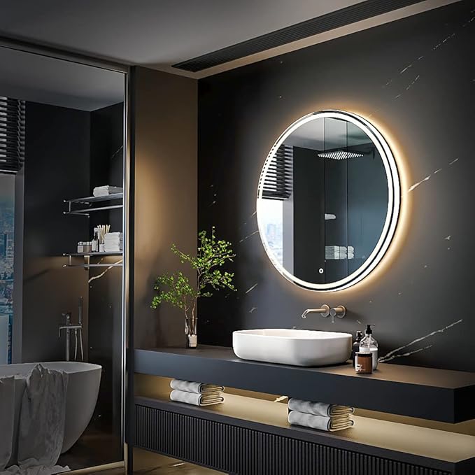 KWW 28 Inch Large Modern LED Round Bathroom Vanity Mirror, Color Temperature Adjustable, Anti-Fog Dimmable Lights, Easy to Install, Wall Mounted Makeup Mirror with Smart Touch Button