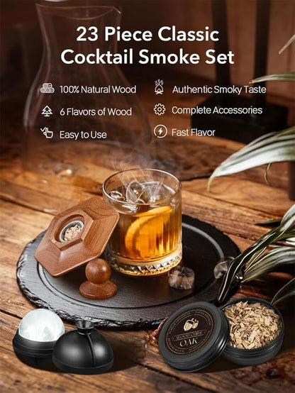 23Pcs Whiskey Smoker Kit with Torch-12 Wood Chips, Ice Ball Mold, Cocktail Smoker Infuser Kit, Old Fashioned Drink Smoker Kit, Birthday Bourbon Whiskey Gifts for Men,Dad,Him, Christmas