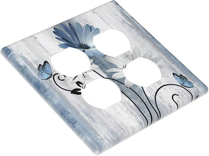 Decorative Outlet Covers Rustic Blue White Daisy Ink Flower 2 Gang Light Switch Cover Plate Double Duplex Wall Plates for Electrical Outlets Switch Plate Covers for Bedroom Home Decor