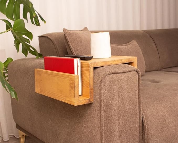 Wooden Couch Arm Tray – Sofa Armrest Table with Book & Magazine Holder, Perfect for Coffee & Remote Control, Solid Wood (Madrid)