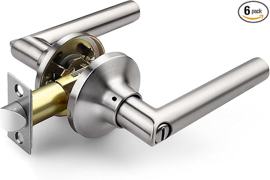 GOBEKOR 6 Pack Brushed Nickel Door Handles Privacy Door Levers with Lock,Heavy Duty Interior Door Handles for Bedroom and Bathroom,Sleek Round Door Lever Satin Nickel with No Key