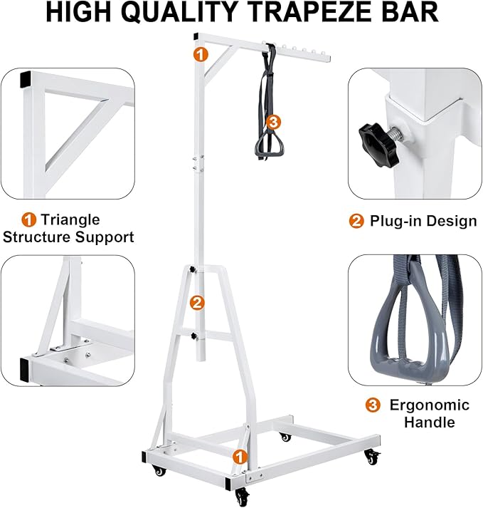 Trapeze Bar for Bed Mobility, Heavy Duty Pull Up Assist Bar with Floor Stand, 5Ft-7Ft Height Adjustable Trapeze Bar, Medical Patient Mover for Care Facilities, White