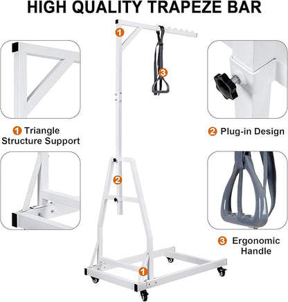 Trapeze Bar for Bed Mobility, Heavy Duty Pull Up Assist Bar with Floor Stand, 5Ft-7Ft Height Adjustable Trapeze Bar, Medical Patient Mover for Care Facilities, White
