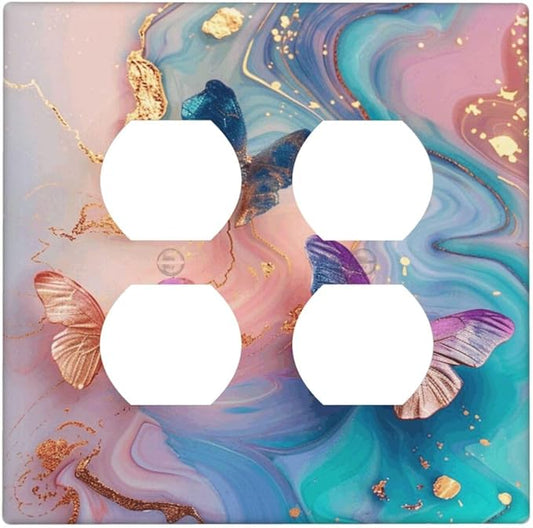 Colorful Marble Butterfly Gold Glitter Abstract Print Outlet Covers 2 Gang Double Duplex Decorative Light Switch Covers Electrical Wallplates Socket Faceplate for Bed Room Living Room Decor
