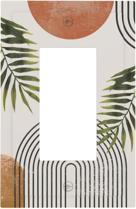 Beautiful Boho Mid Century Large Archs Sun Leaves Plants Decorative Outlet Covers 1 Gang Single Rocker Light Switch Cover Plate Wall Plates GFCI Faceplate for Bedroom Living Room Decor