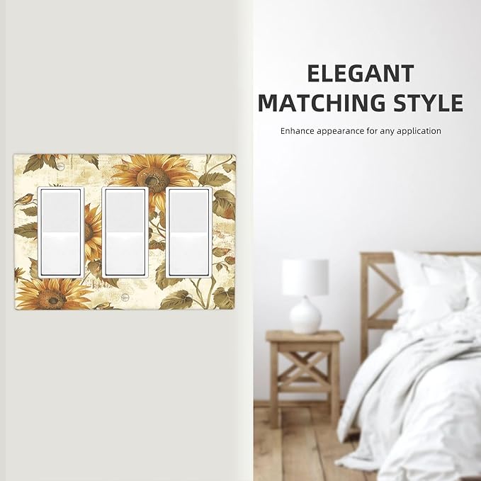 Light Switch Covers Rustic Sunflower Floral Pattern 3 Gang Rocker Electrical GFCI Decorative Triple Outlet Wall Plate Cover Switchplate for Bedroom Cabin Decor