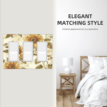 Light Switch Covers Rustic Sunflower Floral Pattern 3 Gang Rocker Electrical GFCI Decorative Triple Outlet Wall Plate Cover Switchplate for Bedroom Cabin Decor