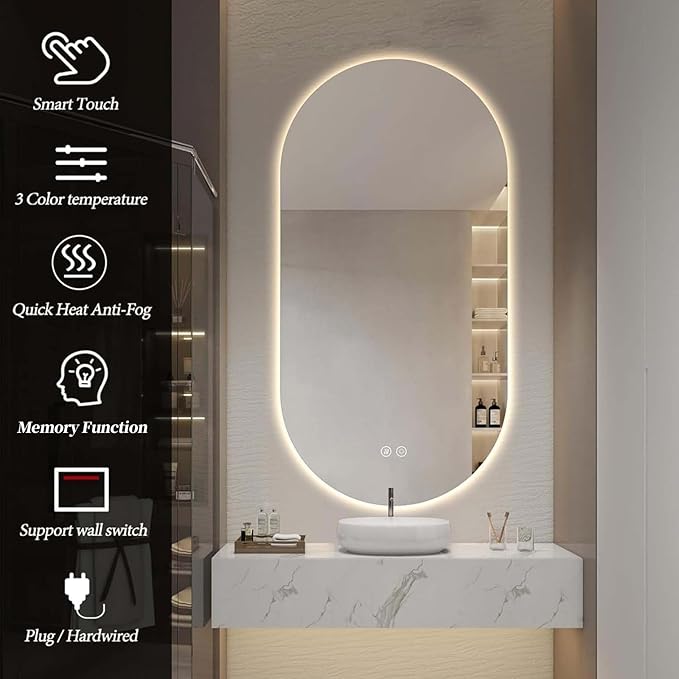 55"x28" Oval Led Bathroom Mirror with Lights, Frameless Backlit Vanity Mirror for Wall, Anti Fog Smart Mirror with 3 Colors Stepless Dimmable, Waterproof, Explosion-Proof, Vertical/Horizontal