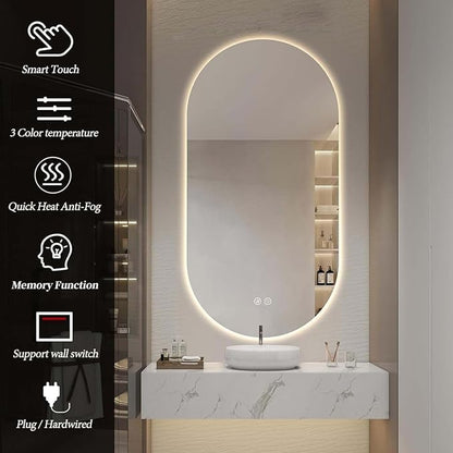 55"x28" Oval Led Bathroom Mirror with Lights, Frameless Backlit Vanity Mirror for Wall, Anti Fog Smart Mirror with 3 Colors Stepless Dimmable, Waterproof, Explosion-Proof, Vertical/Horizontal