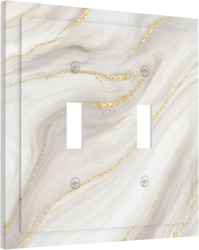 White Grey Gold Marble Simple Tiles Decorative Switch Plates 2 Gang Double Toggle Outlet Light Switch Cover Wall Plate Electrical Faceplate for Bathroom Kitchen Decor