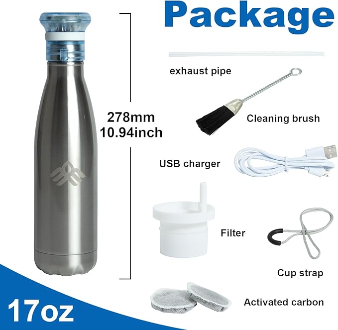 Smart Self-Cleaning Water Bottle 17oz Platinum Stainless Steel Insulated Purifying Bottle LED + Activated-Carbon Dual Filtration USB-C Rechargeable BPA-Free for Outdoor, Gym & Office