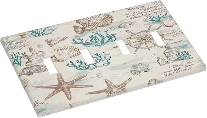 Mid Century Seashells Starfish Compass Light Switch Covers Quad Toggle Electrical Faceplate 4 Gang Wall Plate Decorative Switch Plates For Nursery Kids Room Decor
