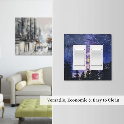 Decorative Outlet Covers Dream Milky Way Starry Forest Pine Watercolor Painting 2 Gang Double GFCI Rocker Electrical Wall Panels Light Switch Cover Plate for Bedroom Home Decor