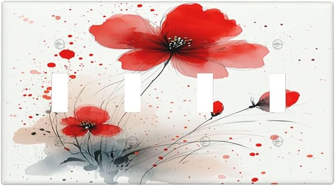 Vintage Watercolor Red Flowers Floral Light Switch Covers Quad Toggle 4 Gang Wall Plate Decorative Switch Plates Electrical Faceplate for Bedroom Bathroom Decor