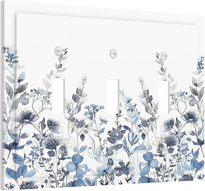 Decorative Switch Plates Light Blue Watercolor Leaves Plant With Floral 3 Gang Wall Plate Triple Toggle Light Switch Cover Faceplate Electrical Wall Panels for Bedroom Bathroom Decor