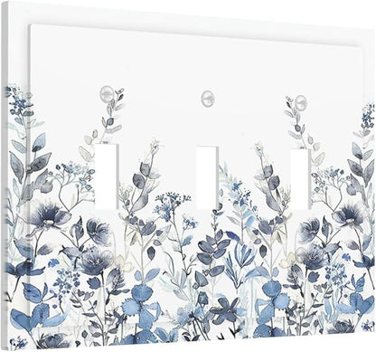 Decorative Switch Plates Light Blue Watercolor Leaves Plant With Floral 3 Gang Wall Plate Triple Toggle Light Switch Cover Faceplate Electrical Wall Panels for Bedroom Bathroom Decor