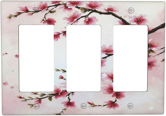 Branch with Pink Flowers 3 Gang Rocker Triple Outlet Wall Plate Decorative Switchplate Cover Faceplate GFCI Light Switch Covers for Farmhouse Living Decor