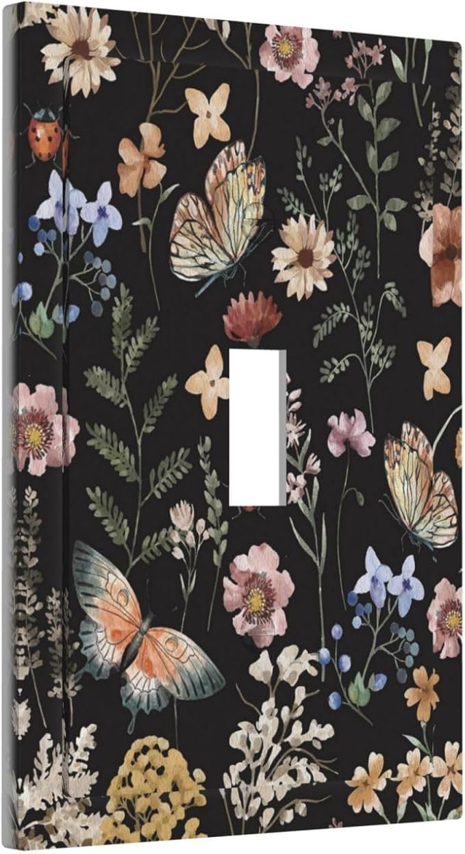 Decorative Light Switch Plate Covers Boho Black Butterfly Rustic Flower 1 Gang Light Switch Cover Plate Single Toggle Wall Plate Outlet Covers Faceplate for Bedroom Home Decor