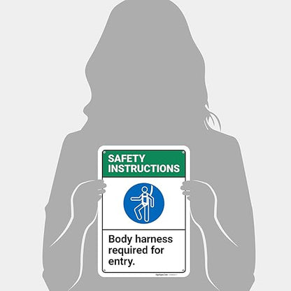 Safety Instructions Body Harness Required for Entry Sign, 10x7 Inches, Rust Free .040 Aluminum, Fade Resistant, Made in USA by Sigo Signs