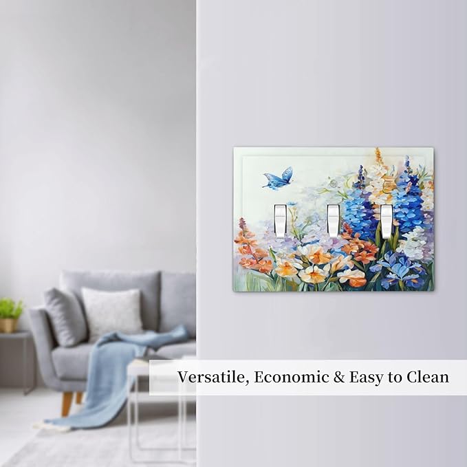 Decorative Light Switch Plate Covers Rustic Colorful Floral Garden Flowers 3 Gang Light Switch Cover Plate Triple Toggle Wall Plate Outlet Covers Faceplate for Country Bedroom Home Decor