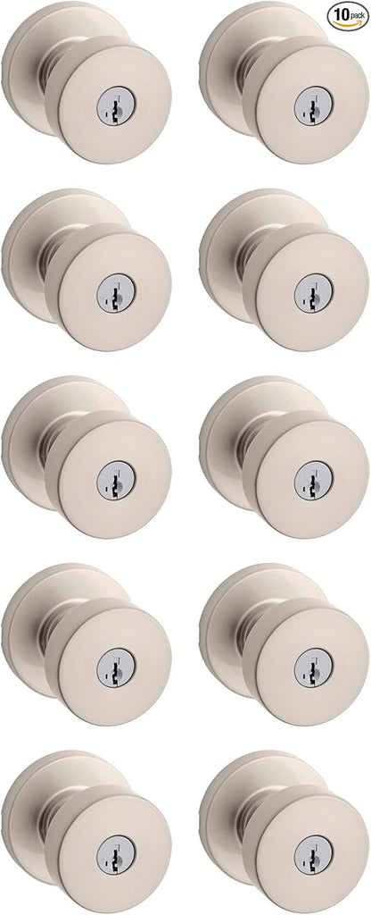 Kwikset Pismo Entry Door Knob with Lock and Key, Secure Keyed Handle Exterior, Front Entrance and Bedroom, Satin Nickel, 10 Pack, Pick Resistant SmartKey Rekey Security and Microban