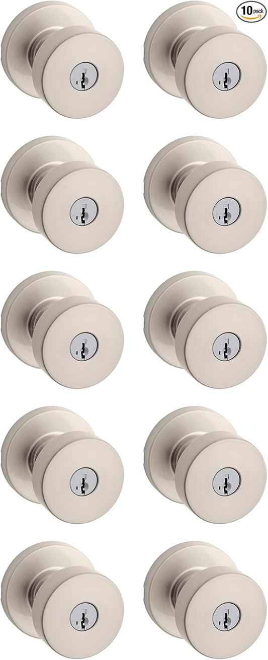 Kwikset Pismo Entry Door Knob with Lock and Key, Secure Keyed Handle Exterior, Front Entrance and Bedroom, Satin Nickel, 10 Pack, Pick Resistant SmartKey Rekey Security and Microban