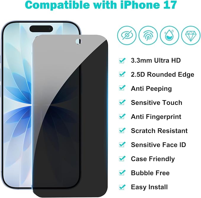 3 Pack for iPhone 17 Privacy Full Screen Protector +2 Camera Lens Protector 9H+ Tempered Cover Glass Military Grade Shatterproof Anti Spy Auto Installation kit