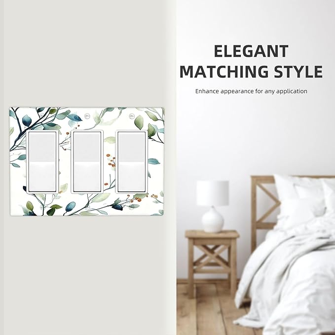 Decorative Outlet Covers Rustic Eucalyptus Leaf Geen Sage Leaves 3 Gang Light Switch Cover Plate Triple Rocker Wall Plates for Electrical Outlets Switch Plate Covers for Bedroom Home Decor