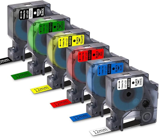 6-Pack Replacement for Dymo D1 Label Tapes Color Combo Set 45013 45016 45017 45018 45019 45021 D1 Refills,1/2 Inch (12mm) x 23 Ft(7m),for LabelManager PnP 160 210D 260P 280 360D 420P Label Maker