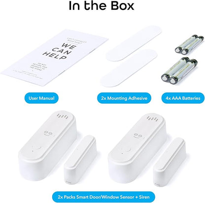 Geeni Smart Door and Window Sensor Alarm 2 Pack WiFi Battery Powered Security Sensor with Siren, Instant Alerts, Alexa & Google Assistant Compatible for Home, Office, Garage