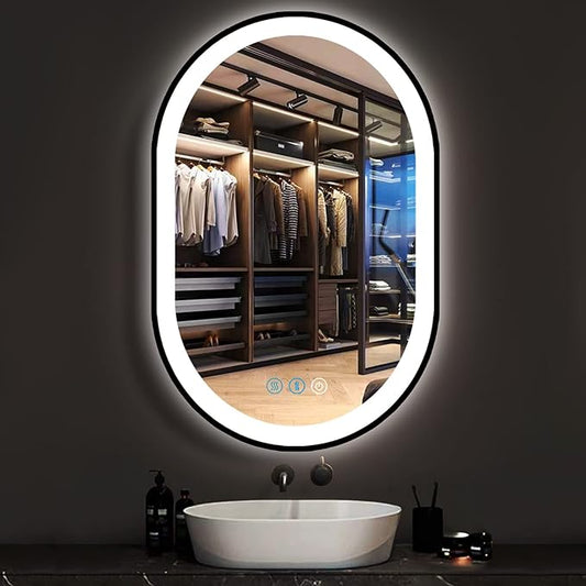 24 x 16 Inch Black Oval LED Vanity Mirror with Lights Smart Memory 3 Color Dimmable AntiFog Black Frame Oval Lighted Mirror for Bathroom Wall Horizontal Vertical Mount Ovals Light up Mirrors