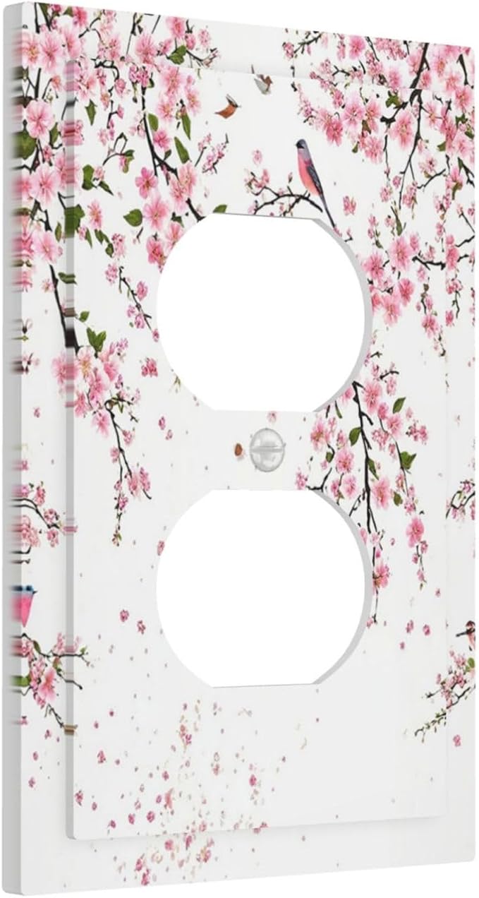 Decorative Outlet Covers Rustic Plum Blossom Pink Flowers 1 Gang Duplex Light Switch Cover Plate Unique Wall Plate Electrical Switch Plate Covers for Home Bedroom Decor （2 Pack）