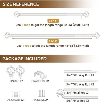 KAMANINA White Curtain Rod 32 to 58 Inch(2.6-4.8ft), Adjustable Curtain Rods for Windows 28 to 48 Inch, 3/4 Inch Splicing Drapery Rods with Twisted Cage Finial