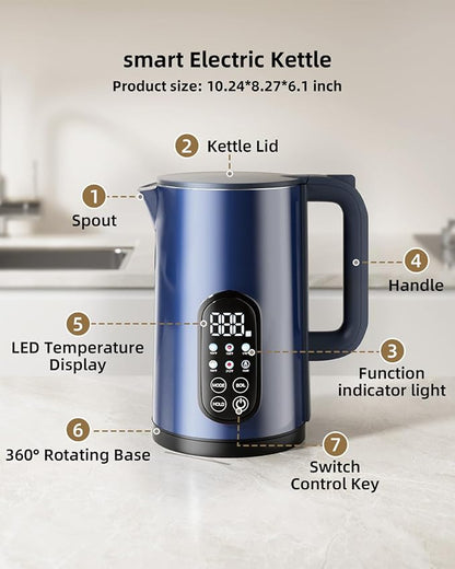 Tisania Electric Kettle with Temperature Control, Cordless Kettle 1.7L for Milk, Tea & Coffee, 5 Presets 2H Keep Warm, 304 Stainless Steel BPA-Free,Blue