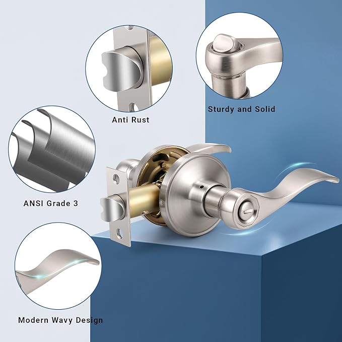 Knobonly 8 Pack Brushed Satin Nickel Door Lever Privacy Door Handles, Zinc Alloy Door Handle Interior, Keyless Lock for Bedroom or Bathroom