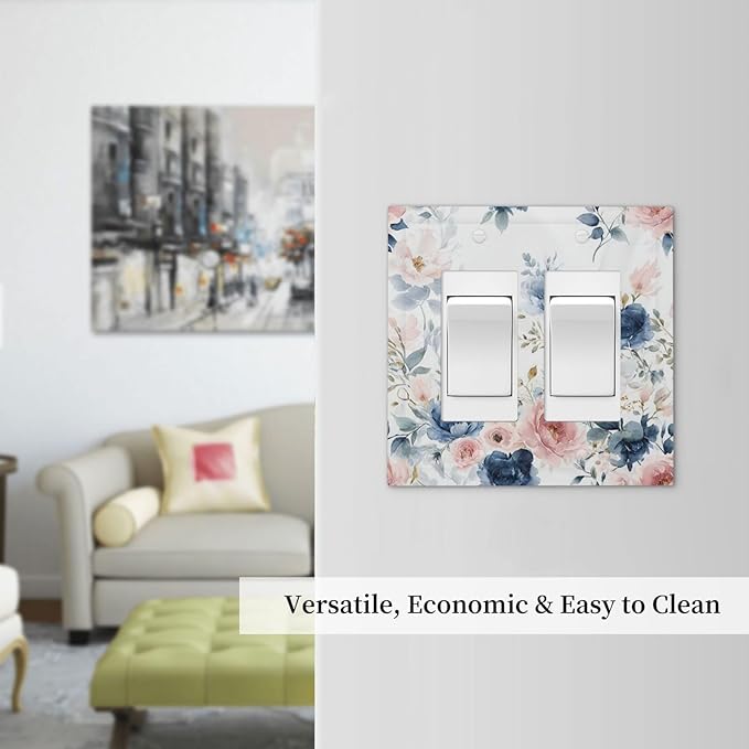 Elegant Watercolor Pink Blue Flowers Floral Outlet Covers Light Switch Cover Plate 2 Gang Double Rocker Wall Plates Decorative Switch Plates Plug Cover Electrical GFCI Receptacle for Home 4.9 X 5 IN