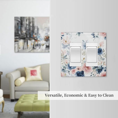 Elegant Watercolor Pink Blue Flowers Floral Outlet Covers Light Switch Cover Plate 2 Gang Double Rocker Wall Plates Decorative Switch Plates Plug Cover Electrical GFCI Receptacle for Home 4.9 X 5 IN