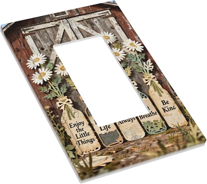Rustic Daisy Barn Door Flowers 1 Gang Single Rocker Decorative Light Switch Covers Electrical Faceplate Switch Plates for Bathroom Kitchen Home