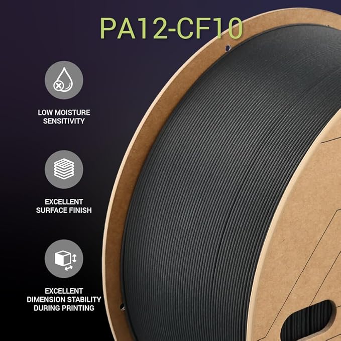 Polymaker Fiberon PA12-CF10 Nylon Filament 1.75mm Black 3kg, Low Moisture Sensitivity PA12-CF Carbon Fiber Nylon 1.75mm 3D Printing Filament