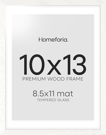 Homeforia White Frame 10x13 Wood, High End Oak 10x13 Picture Frames with Mat 8.5x11, 10 x 13 White Wooden Poster Frames Matted to 8.5 x 11 inch Photo, 13by10 Frames, Tempered Glass, Wall Kit, Set of 1