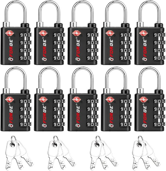 Forge Dual-Opening: Key or Combination Lock, TSA Approved Lock for Luggage, Pelican case, Travel, Gym, School, Luggage Combination Lock, Travel Bag Lock (Black 10 Pk)