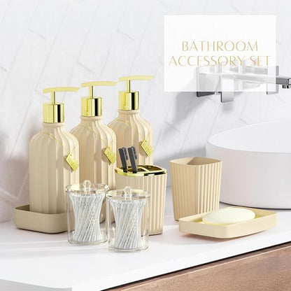 32PCS Bathroom Accessory Set Bathroom Accessories Set Beige Bathroom Set, Shower Curtain Set, 2 Piece Bath Towel Set, 3PC Soap Dispenser, Toilet Brush & Trash Can