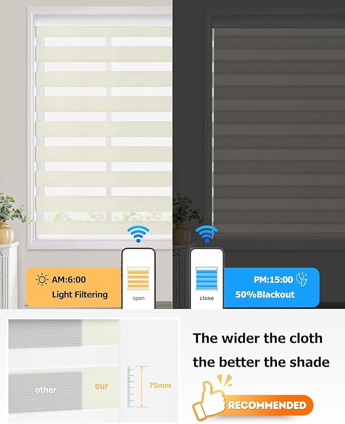 LazBlinds Motorized Zebra Roller Shades, Rechargeable Smart Blinds with Remote Control, Custom Size Light Filtering Dual Layer Roller Sheer Shades, Cream