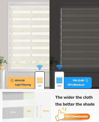 LazBlinds Motorized Zebra Roller Shades, Rechargeable Smart Blinds with Remote Control, Custom Size Light Filtering Dual Layer Roller Sheer Shades, Cream