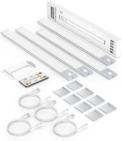 16" Ultra-Thin Under Cabinet Lighting Wireless, Aluminum Alloy Under Counter Lights for Kitchen, 3-Color-Temps Magnetic Closet Lights, Rechargeable Motion Sensor Light Indoor (4 Pack, Silver)