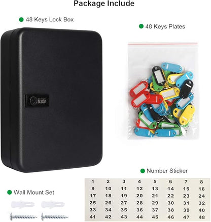 Jssmst Wall Mount Key Storage Box with Code, Locking Key Cabinet Security, 48 Key Hooks & Tags Labels, 11.81 x 9.45 x 2.95 inches, Black Matt